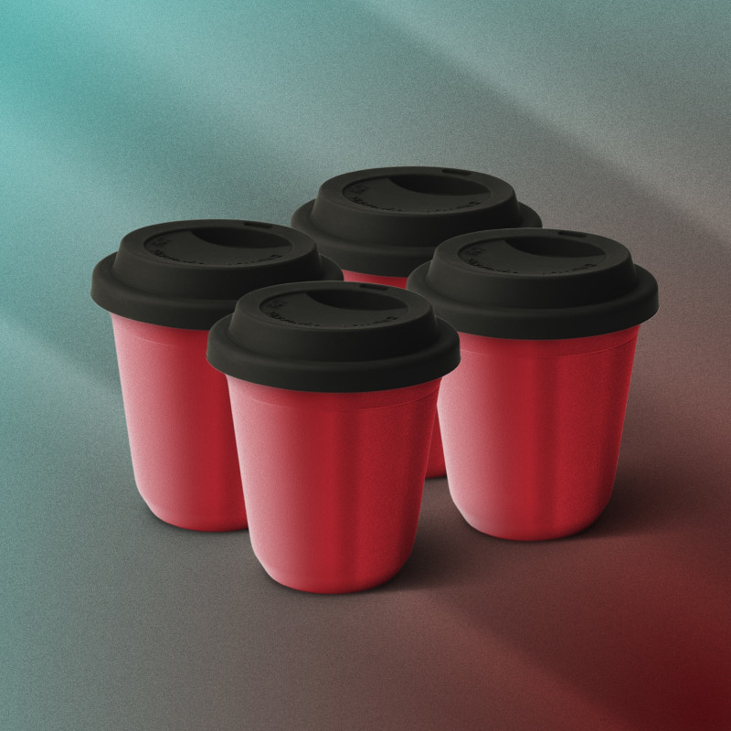 Zestaw 4 czerwonych kubków 150 ml z pokrywką